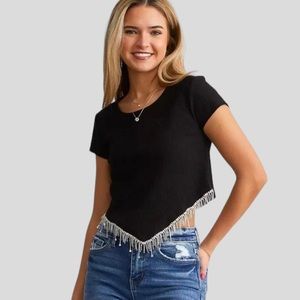 SHEIN Rinestone Fringe Black Cropped Hanky Hem Top Ribbed Size Large